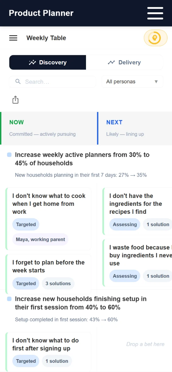 The Now / Next / Later roadmap on a phone