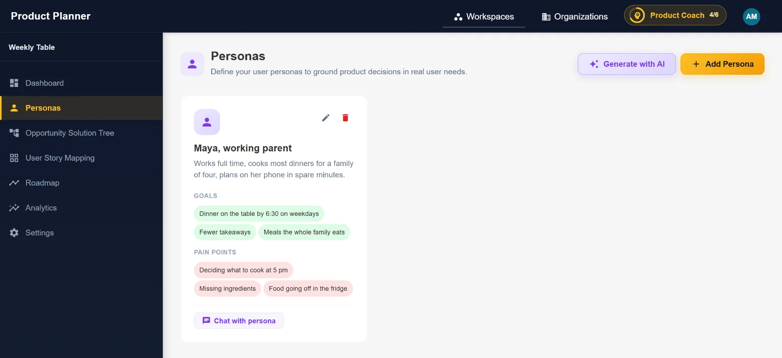 A persona in Product Planner with goals and pain points