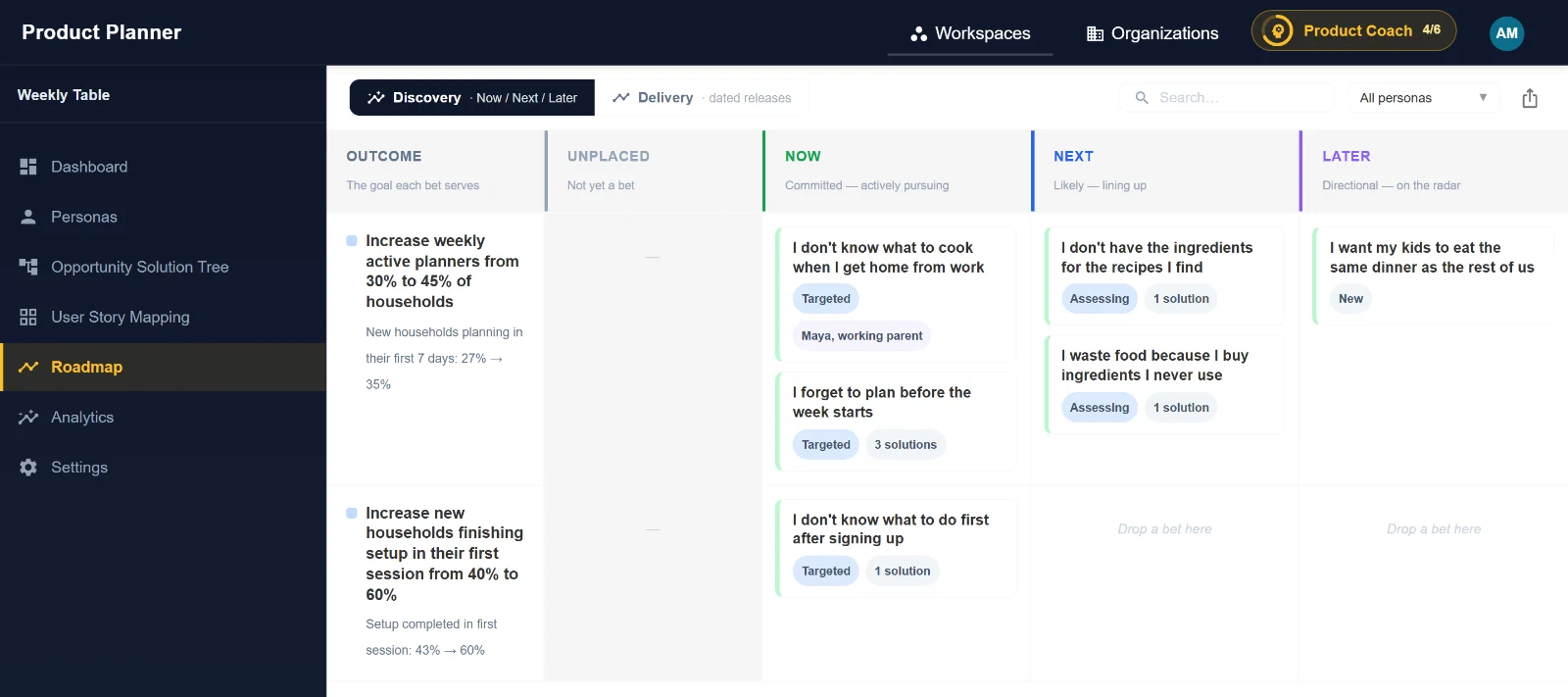 Now / Next / Later roadmap: opportunities placed as bets under each product outcome